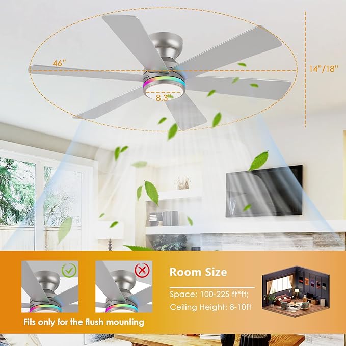 Asyko Silver RGB Ceiling Fan with Light and Remote/APP Control - 46" Flush Mount Low Profile Fan Light, 6 Speeds 3CCT and Reversible, Indoor Ceiling Fan for Bedroom, Party