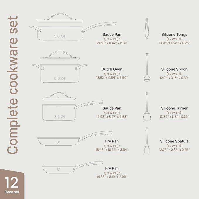 Bakken 12-Piece Aluminum Cookware Set with Ceramic Nonstick Coating, PTFE & PFAS Free, All Stovetop Safe Up To 500°F, Pots and Pans Set with Lids, Silicone Utensils Included, Dishwasher Safe, Pink