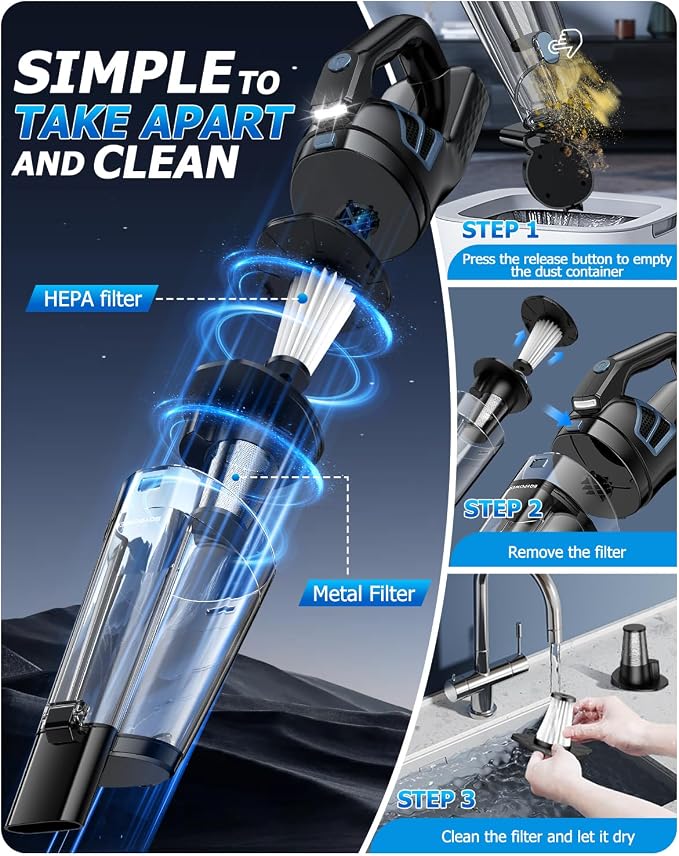 BQYPOWER Handheld Vacuum Cordless Rechargeable, Portable Car Vacuum Cleaner | 16000PA Strong Suction Hand Held Vacuum Cordless with Multiple Accessories, Portable Mini Car Vacuum Cleaner for Car Home