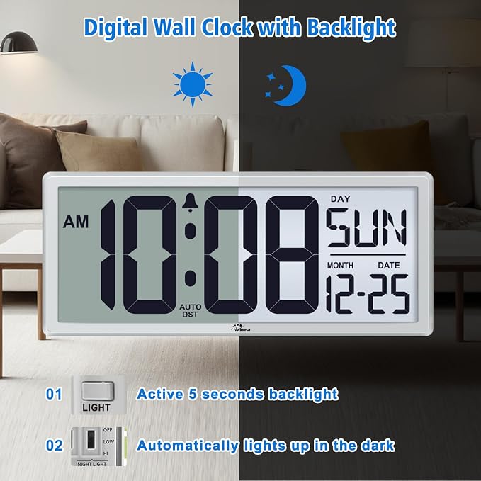 WallarGe Backlight Digital Wall Clock Battery Operated - with Temperature and Date 14.5'' Large Digital Wall Clock, Easy to Read and Set, Auto DST
