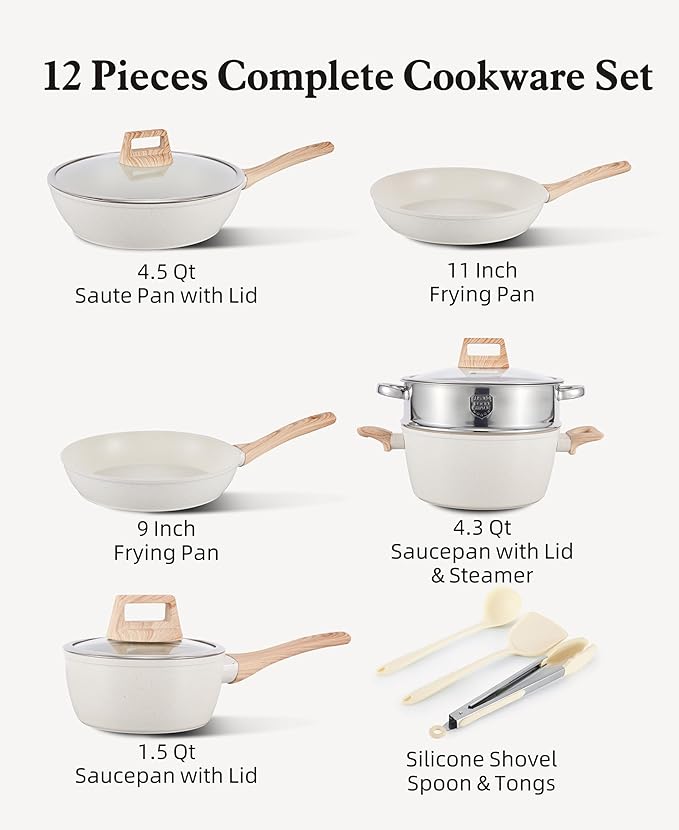 12-Piece Beige Granite Cookware Set, Nonstick Ceramic Pots and Pans Set with Frying Pans & Saucepans, Non-Toxic PFOS/PFOA Free, Induction Compatible with Wood Grain Soft-Touch Handles