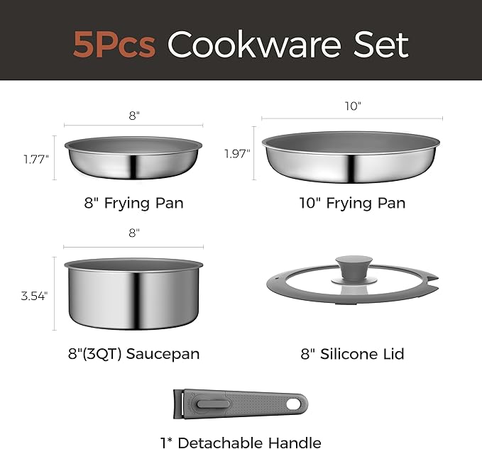 5pcs Nonstick Cookware Set, Diamond-Titanium Ceramic Coating & 3 Layer Stainless Steel Pots and Pans Set with Detachable Handle, Dishwasher Safe, Induction Compatible, Oven Safe, Gray