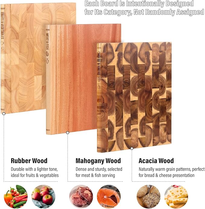 Book Cutting Board Set of 3 with Stand-The Cutting Board Library, Solid Wood Book-Shaped Boards for Serving & Display, Labeled Meat & Fish, Bread & Cheese, Fruits&Vegetables-Decorative Cutting Boards.