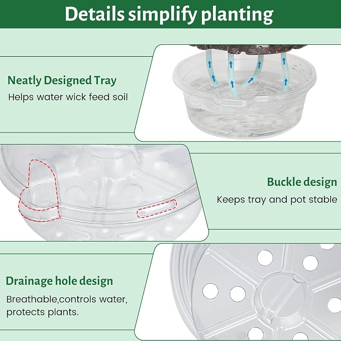 Bluepro Self Watering Pots for Indoor Plants, 4/5/6.5 Inch, 18-Pack | Clear Plastic, 6 Each of Three Sizes, Reservoir Trays and Wicks, Up to 7-Day Water Supply, Root and Water-Level Visibility