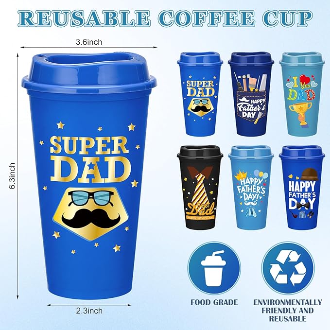 Domensi 12 Pack Fathers Day Cups Bulk 16 oz Father's Day Coffee Cups with Lids, Reuable PP Drinks Tumbler Happy Fathers Travel Mugs for Dad, Office, Camping, BBQ Party Supplies Gifts for Men