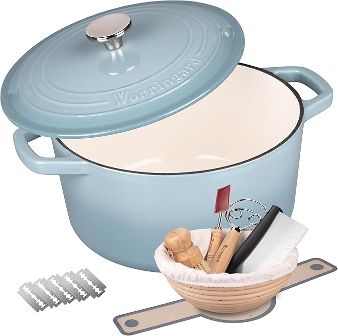 VORRINGARD Enameled Cast Iron Dutch Oven Pot with Lid, for Bread Baking, Round Bread Oven- include Sourdough Bread Baking Supplies Set, 6QT, Sea Salt