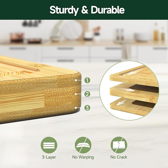 4-Piece Set Bamboo Cutting Board for Kitchen - Crack-Resistant Wood Chopping Boards with Deep Juice Grooves, Pre-Oiled Butcher Block for Meat, Vegetables & Cheese, Natural