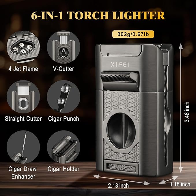 XIFEI 6-in-1 Cigar Lighter, Desktop Torch Lighter with Straight Cut V-Cut Cigar Cutter, Dual Cigar Punch, Cigar Draw Enhancer, Cigar Holder, 4 Jet Flame Refillable Butane Lighter Gift for Men (Gray)