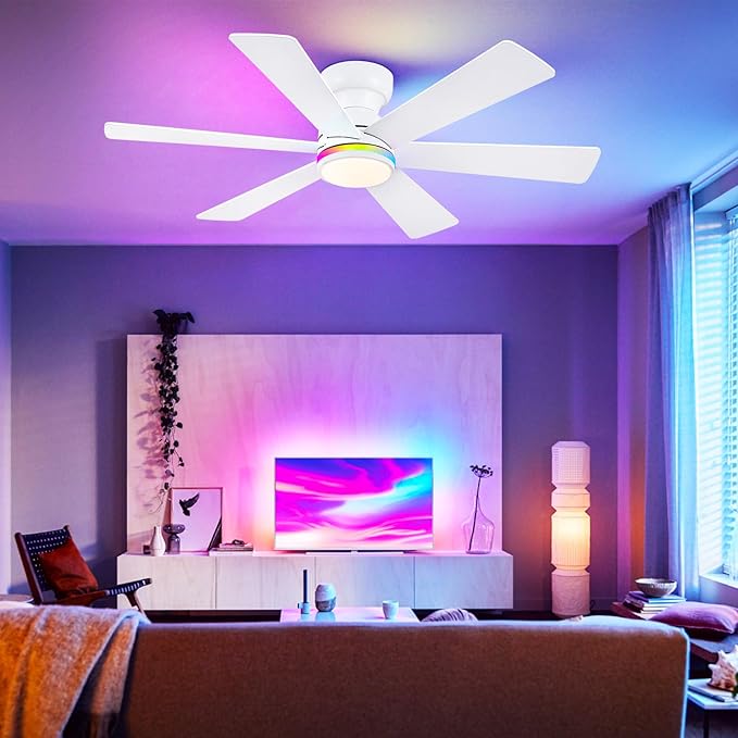 Asyko 46" White RGB Ceiling Fans with Lights and Remote,Low Profile Ceiling Fans with Quiet Reversible DC Motor,Small Modern Flush Mount Ceiling Fan Light for Bedroom Kids Room