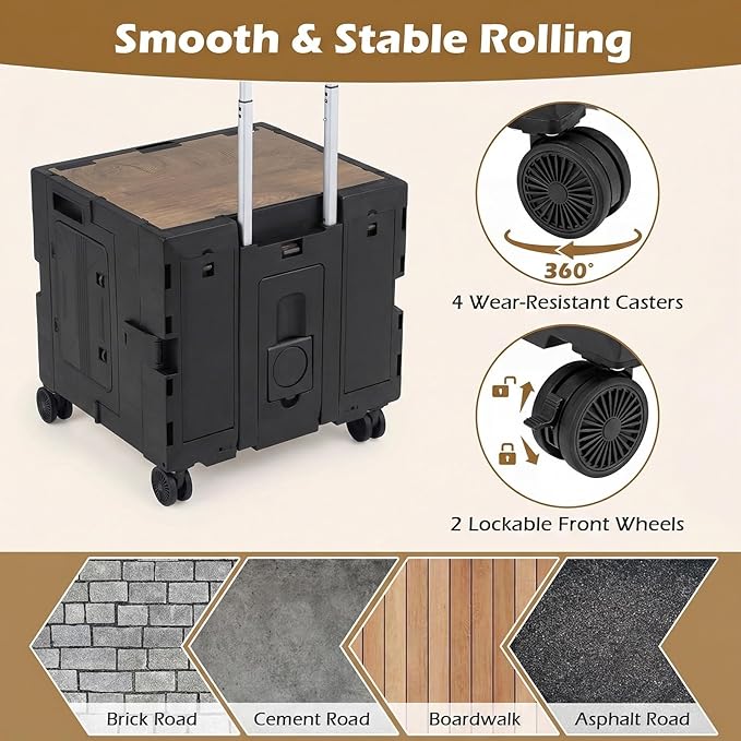 Goplus Foldable Utility Cart, Portable Rolling Crate Handcart with 4 Rotate Wheels, Telescoping Handle, Lid & Cup Holder for Travel, Shopping, Luggage, Grocery, Office & Teacher (Black)