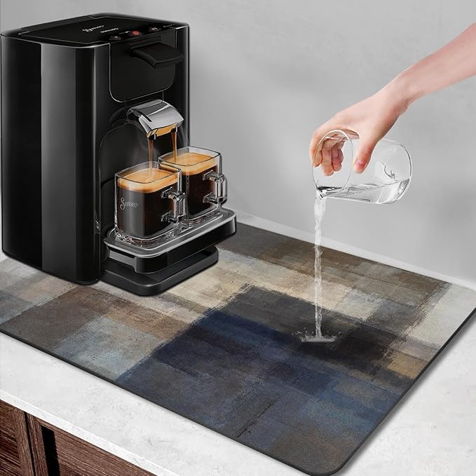 Arttown Coffee Mat for Countertops, Abstract Gray Blue Brown Modern Dust Art Dish Drying Mat 2 Pcs for Kitchen Bar Accessories, Coffee Maker Espresso Machine Dish Rack Hide Stain Rubber 12x19in