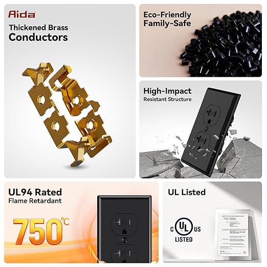 AIDA 20 Amps Outlets Duplex Electrical Receptacle Outlets,Tamper Resistant,Heavy-Duty Receptacle Wall Outlet,Residential,TR,3-Wire, Self-Grounding Clip, NEMA 5-20R,UL Listed (10 Pack, Black)