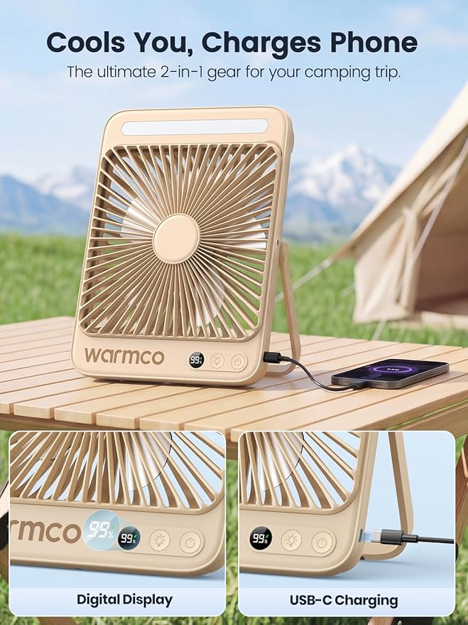 Warmco 20000mAh Battery Powered Fan, 8-Inch Ultra-Slim Portable Camping Fan with LED Lantern, Up to 48H Runtime Rechargeable Desk Fan for Bedroom, Outdoor, Tent, Travel, Cruise Ship Essentials