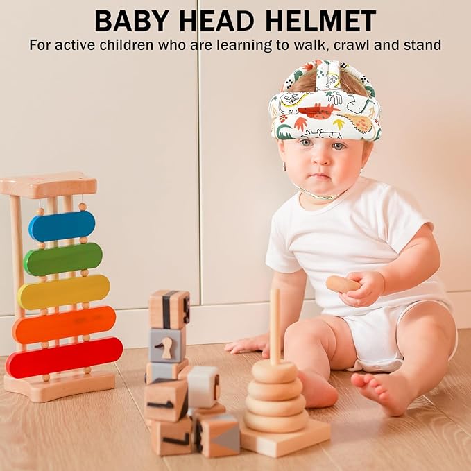 Baby Head Protector Baby Helmet for Crawling Walking, No Bumps Safety Head Adjustable Protective Cap for Walking, Playing - Red Dinosaur