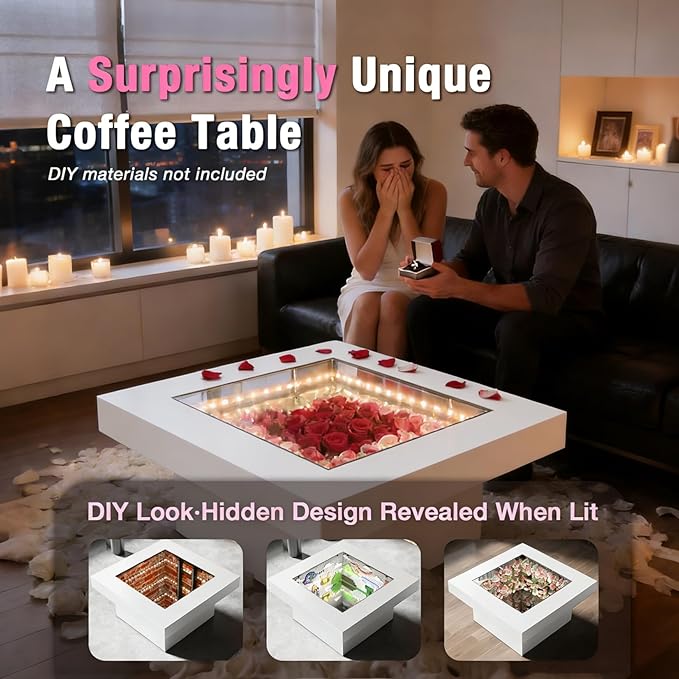 FKWin Modern Coffee Table for Living Room - 31" Endless Depth Mirror Center Table with LED Lights, Unique Square Coffee Table with Tempered Glass-Top, White