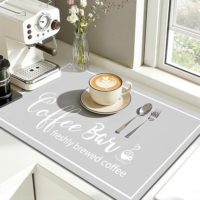Findosom Dish Drying Mat, 17"x 32" Super Absorbent & Hide Stain Coffee Mat, Cuttable Drying Mat for Kitchen Counter, Coffee Bar Accessories, Under Dish Rack, Coffee Maker, Espresso Machine, LightGrey