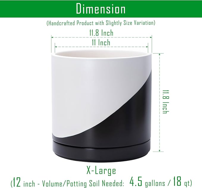 D'vine Dev 12 Inch Ceramic Planter Pot, Black White Diagonal, 94-O-F-K | Modern Cylinder Design, Drainage Hole & Saucer Included, Stable Structure, Elegant Home Accent
