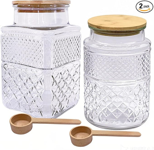 Viovian 60 OZ Vintage Glass Jar with Lid Wood Spoon Set of 2 Decorative Glass Storage Jars Airtight Lids Clear Canister Container for Food Candy Cookie Sugar Coffee Bean Tea Nuts Snack Dog Treat Vase