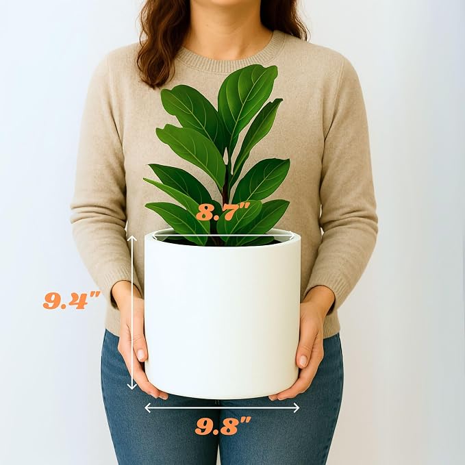 Fox & Fern Large Indoor Planter, Modern Large Plant Pot for Indoor or Outdoor, UV and Frost Resistant - 10 Inch, Matte White Flower Pot with Drainage Plug, Lightweight