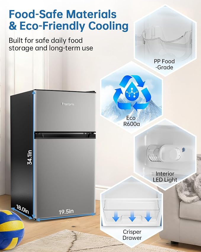 3.2 Cu Ft Mini Fridge with Freezer - Energy Efficient, Double Door Upright Freezer for Bedroom, Office & Dorm | Small Fridge, Glass Shelves,Interior Light,ETL Certified,etc(Silver)