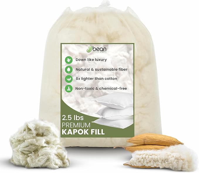 Bean Products Premium Kapok Fill | 2.5 lbs | 100% Organic Kapok Fiber | Chemical Free and Hypoallergenic | Perfect for Pillows, Pet Beds, Couches & More | Made in USA