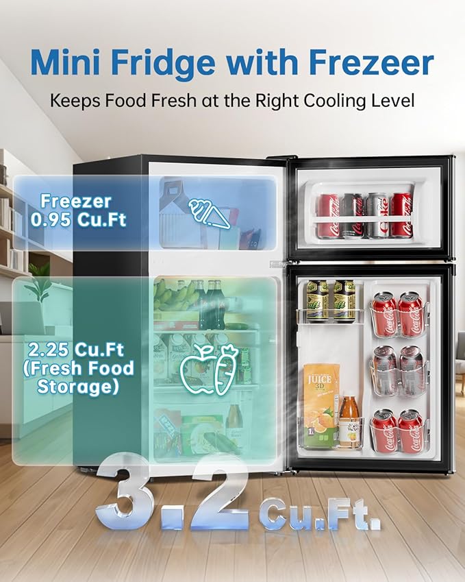 3.2 Cu Ft Mini Fridge with Freezer - Energy Efficient, Double Door Upright Freezer for Bedroom, Office & Dorm | Small Fridge, Glass Shelves,Interior Light,ETL Certified,etc(Silver)