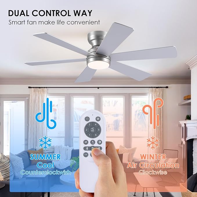 Asyko 46" Silver Low Profile Ceiling Fan with Light and Remote,Modern Flush Mount Ceiling Fans for Bedroom, Living Room, 6 Speeds, Dimmable, Timer, Quiet Reversible