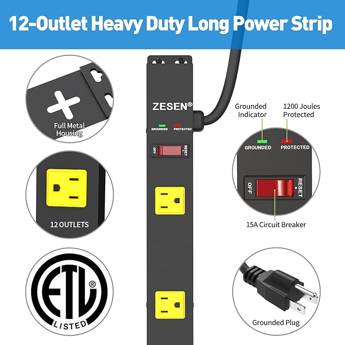 12 Outlet Industrial Power Strip with 15Ft Cord, 2 Pack 1875W Heavy Duty Metal Power Strip with Wide-Spaced Outlets & Overload Protection, ETL Listed for Garage, Workshop, Office, Home