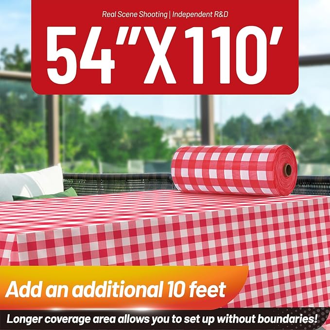 Plastic Table Cloth, 110 Ft X 54 In Disposable Tablecloth Red and White Checkered Tablecloth with Any Cut Sliding Cutters Premium PEVA Plastic Table Cloth Disposable for Picnic, Parties, Festivals