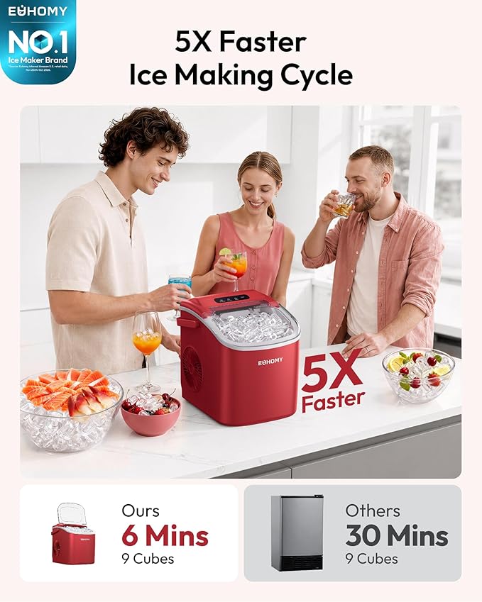 EUHOMY Countertop Ice Maker Machine with Handle, 26lbs Per Day, 9 Ice Cubes Ready in 6 Mins, Auto-Cleaning Portable Ice Maker with Basket and Scoop, for Home/Kitchen/Camping/RV (Red)