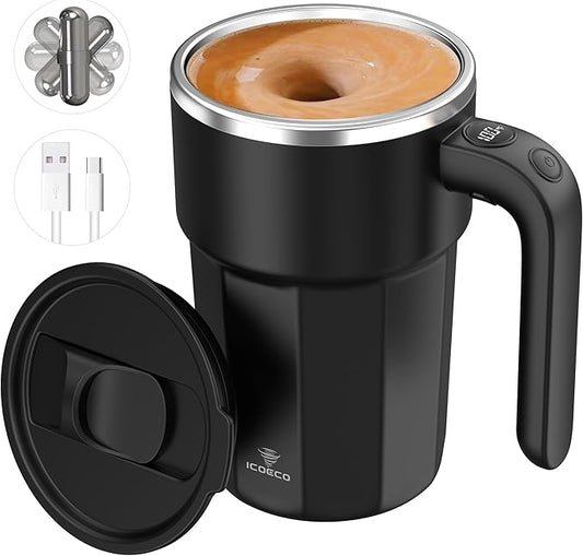 Self Stirring Coffee Mug, 12oz Rechargeable Magnetic Mixing Cup with Temperature Display, 316 Stainless Steel Electric Stirring Cup with Lid & Handle for Coffee, Cocoa, Matcha, Creamer, Mushroom Coffe