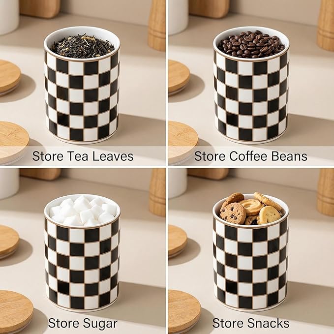1 Piece Ceramic Coffee Canister, Airtight Coffee Container with Lid for Kitchen Storage (12.8x9cm, Black Checkered)