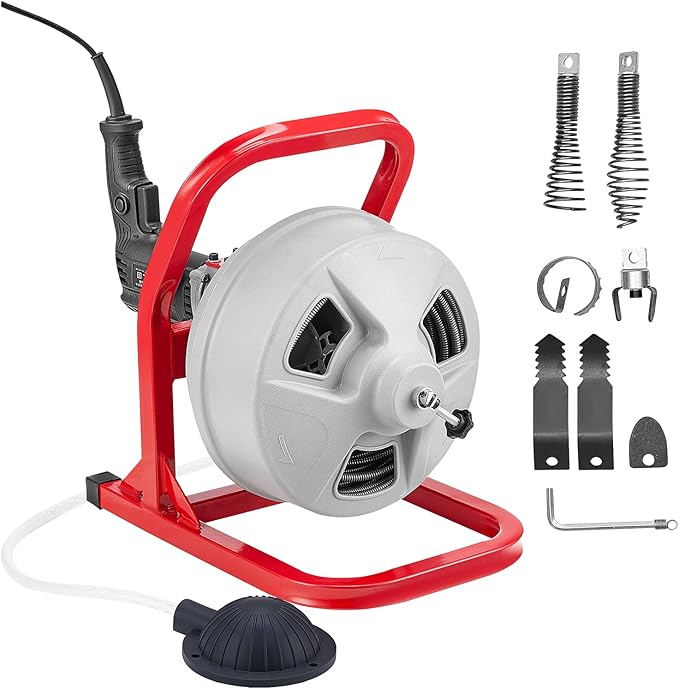 VEVOR Drain Cleaner Machine 50 FT x 5/16 Inch, Sewer Snake Auger with 228RPM Electric Drill, Manual Feed Drain Cleaning Machine with 6 Cutters & Air-activated Foot Switch for 2" to 4" Pipes