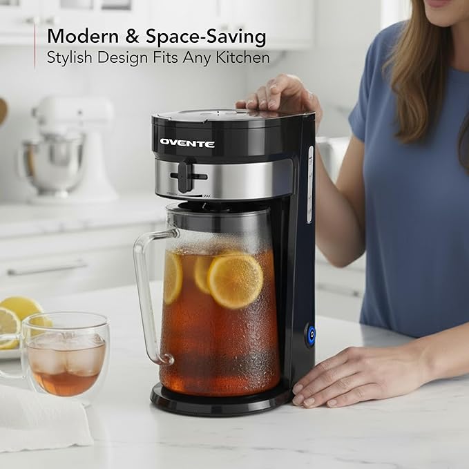 OVENTE Iced Tea Maker and Iced Coffee Maker with 3QT Pitcher, Sliding Brew Strength Selector for Taste Customization and Reusable Filter, Ideal for Lemonade, Latte and Flavored Water, Black CMT215B