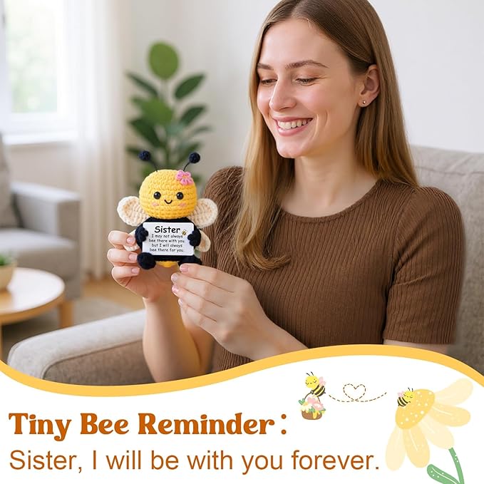 Mothers Day Sister Gifts, Sister Birthday Gifts from Sisters Brother, Birthday Gift for My Forever Soul Sisters, Mini Crochet Bee Affirmation Support Present, Cute Handmade Knitted Decor