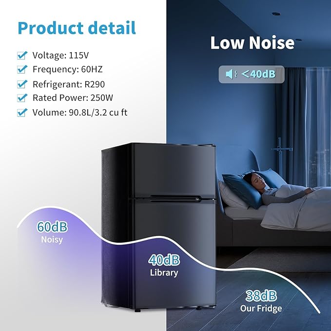 2 Door Mini Fridge with Freezer, 3.2 Cu.Ft Refrigerator and Freezer, Adjustable Thermostat, Energy Saving, Low Noise, Small Refrigerator for Bedroom, Dorm, Office