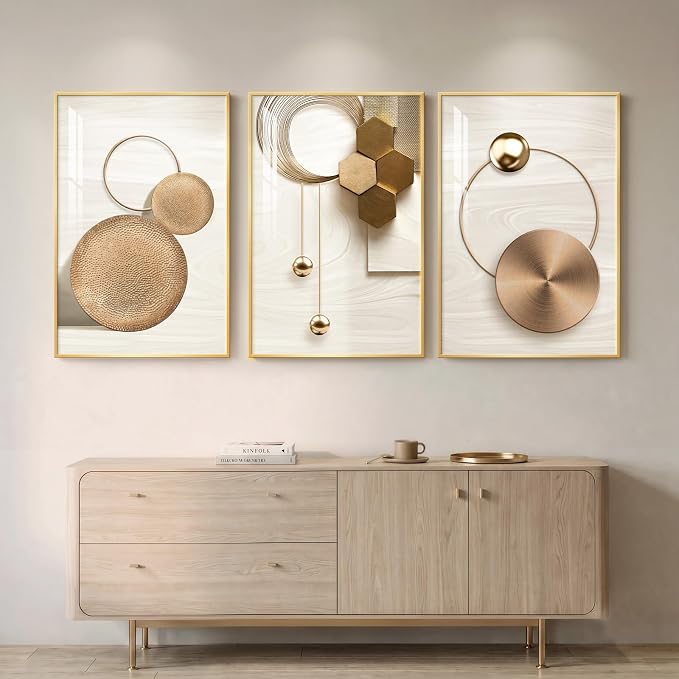 Large Framed Modern Luxury Gold Wall Art for Living Room, 3 Piece Bright Style Art Prints Paintings Artwork for Walls, Bronze Gold Geometric Pictures for Hallway Stair Office Wall Decor 24x36 In