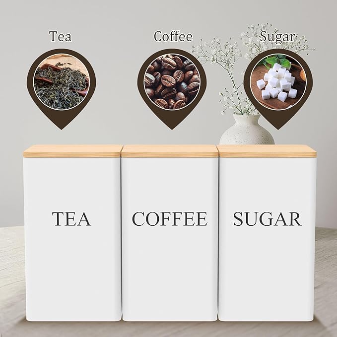 3 Pcs Coffee Tea Sugar Container Set, 1000 ML Metal Teas and Coffee Canisters Set with Bamboo Lids, Black Canisters Sets for Kitchen,Food Storage Container Jars for Kitchen Counter Storage (White)