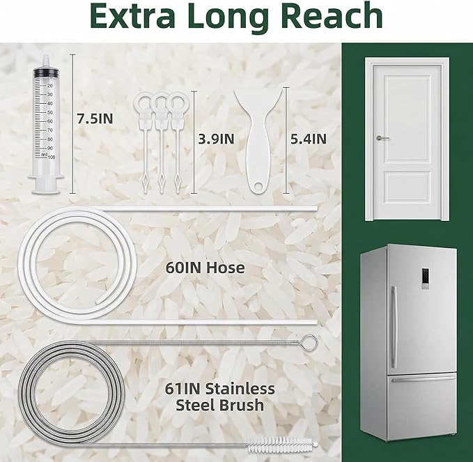 MUAECH 7-Piece Refrigerator Drain Hole Cleaner Kit, 60in Flexible Fridge Drain Cleaning Brush & Hose Set with Syringe, Plungers and Shovel for Unclogging Fridge Water Line & Dispenser