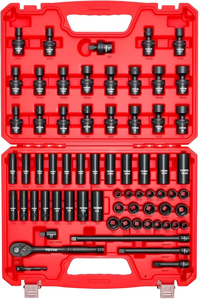 VEVOR Impact Socket Set 3/8" Drive, 67 PCS, CR-MO Swivel Sockets, SAE 5/16"-3/4" & Metric 8-19mm, 6 Point Shallow & Deep, Ratchet Handle, Extension Bars, Adapters, Universal Joint