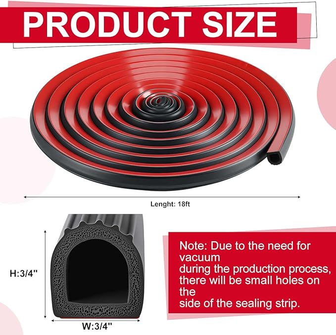 Pangda 18Ft D Shape Rubber Weather Stripping Foam Self-Adhesive EPDM Seal Strip for Noise Reduction Waterproof Dustproof for Cars Boats RVs Windows Doors (3/4" W x 3/4" H)