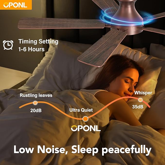 OPONL 52 Inch Brown Ceiling Fan with Light, Remote Control, Low Profile, Noiseless, Reversible, Dimmable, Timeable, Metal Housing, Flush Mount Ceiling Fans with Lights for Bedroom, Indoor/Outdoor Use