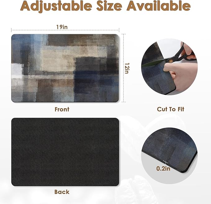 Arttown Coffee Mat for Countertops, Abstract Gray Blue Brown Modern Dust Art Dish Drying Mat 2 Pcs for Kitchen Bar Accessories, Coffee Maker Espresso Machine Dish Rack Hide Stain Rubber 12x19in