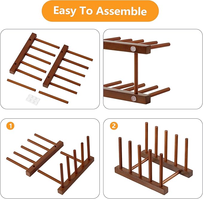 HBlife 4pcs Teak Dish Plate Bowl Cup Book Pot Lid Cutting Board Drying Rack Stand Drainer Storage Holder Organizer Kitchen Cabinet（Keep Dry）