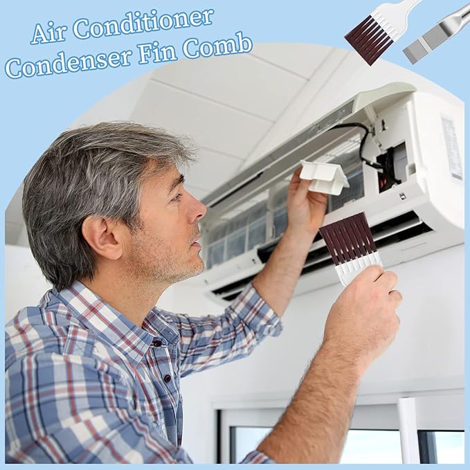 Pimoys 3 in 1 Set Air Conditioner Condenser Fin Comb, 1 Coil Cleaner Stainless Steel Fin Comb with 2 Evaporator Radiator Cleaning Whisk Brush