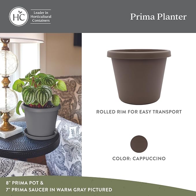 The HC Companies 10 Inch Prima Round Planter Pots with Drainage Holes and Rolled Rim, Lightweight UV-Resistant Plastic Indoor & Outdoor Planters, 2-Pack Flower Pots for Garden & Home Decor, Cappuccino