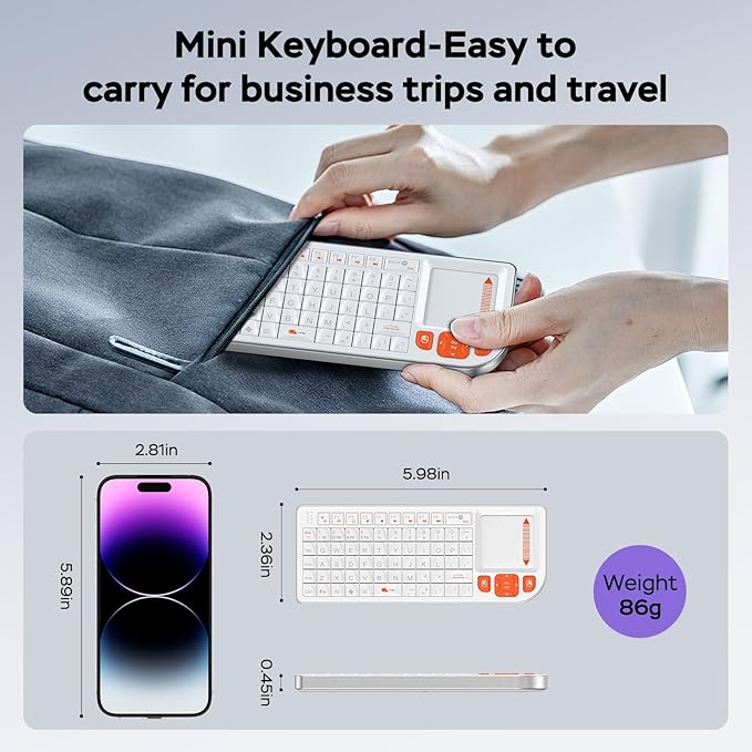 Mini Keyboard with Touchpad, Mini Bluetooth Keyboard, Ultra-Compact Portable for IT Professionals, Field Service Technicians, Home Theater PC & Multi-Device Travel - Durable &Reliable, White