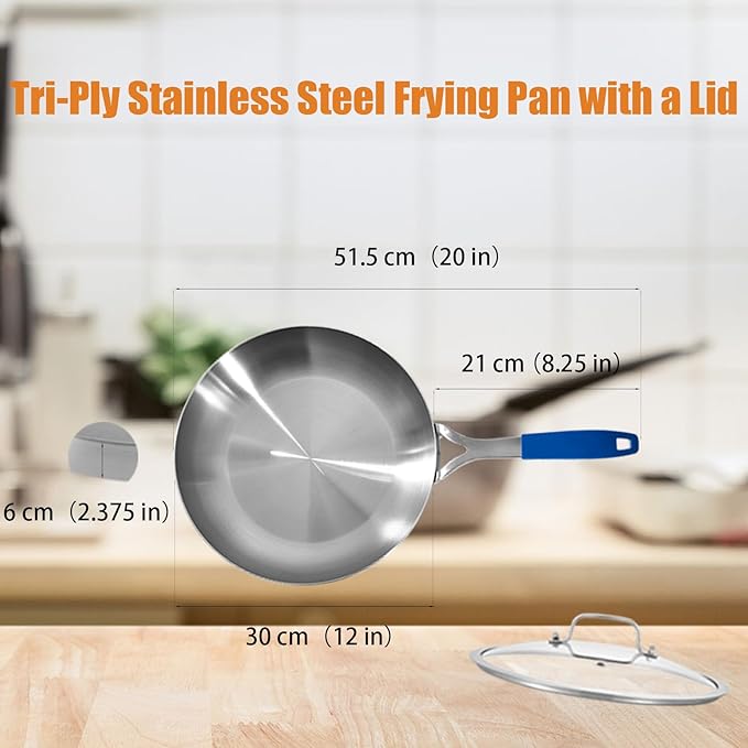 Inqibee 12 Inch Tri-Ply Stainless Steel Frying Pan with Lid, Skillet, Chef's Pan, Induction Cooking Pan, All Cooktops, Dishwasher Safe and Detachable Handle