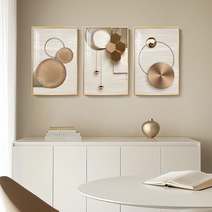 Framed Modern Luxury Gold Wall Art for Living Room, 3 Piece Bright Style Art Prints Paintings Artwork for Walls, Bronze Cirle Geometric Pictures for Dining Room Office Bedroom Hallway Wall Decor 16x24 In