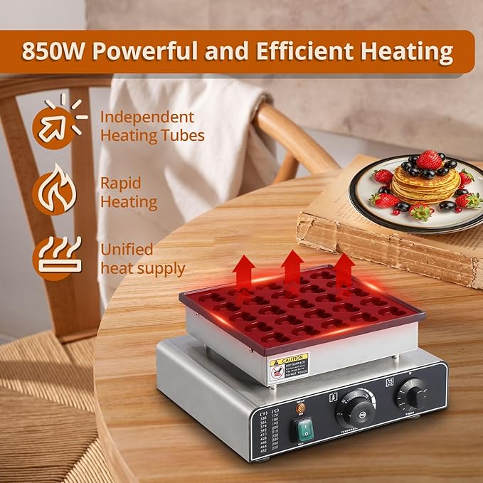 Mini Muffin Maker, 25 Hole/25 Heart, Stainless Steel, Electric, Non-Stick, 50-300C, Time Control, Silver, 850W, 110V